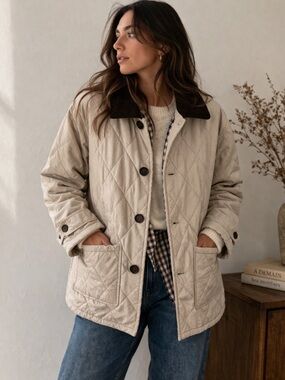 Aquascutum London Quilted Jacket Made in England Beige Check Lined Barn Coat